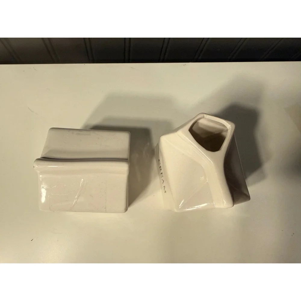 World Market White Ceramic Milk Carton Sugar and Creamer Set Stoneware